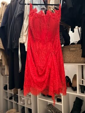 Red Lace Beaded Slip Dress - Elegant Women's Evening Dress